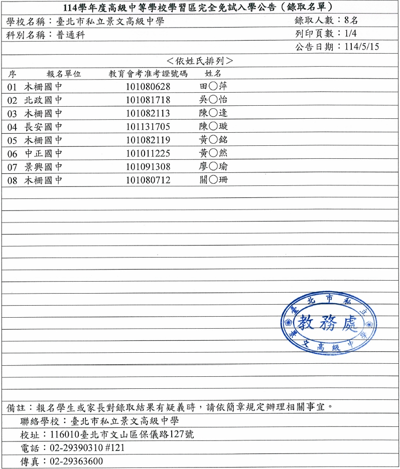 114學年度高級中等學校學習區完全免試入學-景文高中榜單公告1