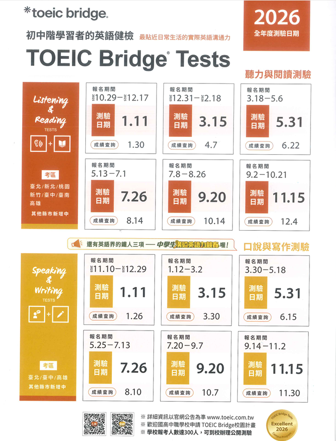 TOEIC Bridge Tests國際英語測驗2026公開測驗日期